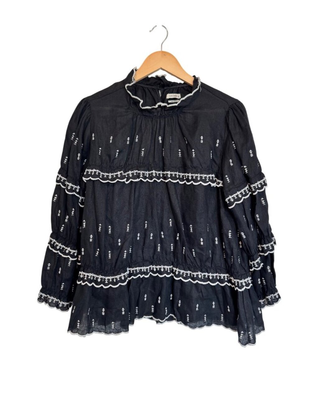 Isabel Marant Étoile Daniela Blouse Black Embroidered Ruffle Linen Size 42 XL
